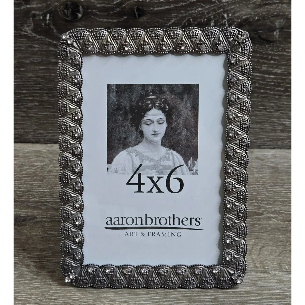 Aaron Brothers Jeweled Pewter Tone Picture Frame 4x6 Vintage Ornate Rhinestone